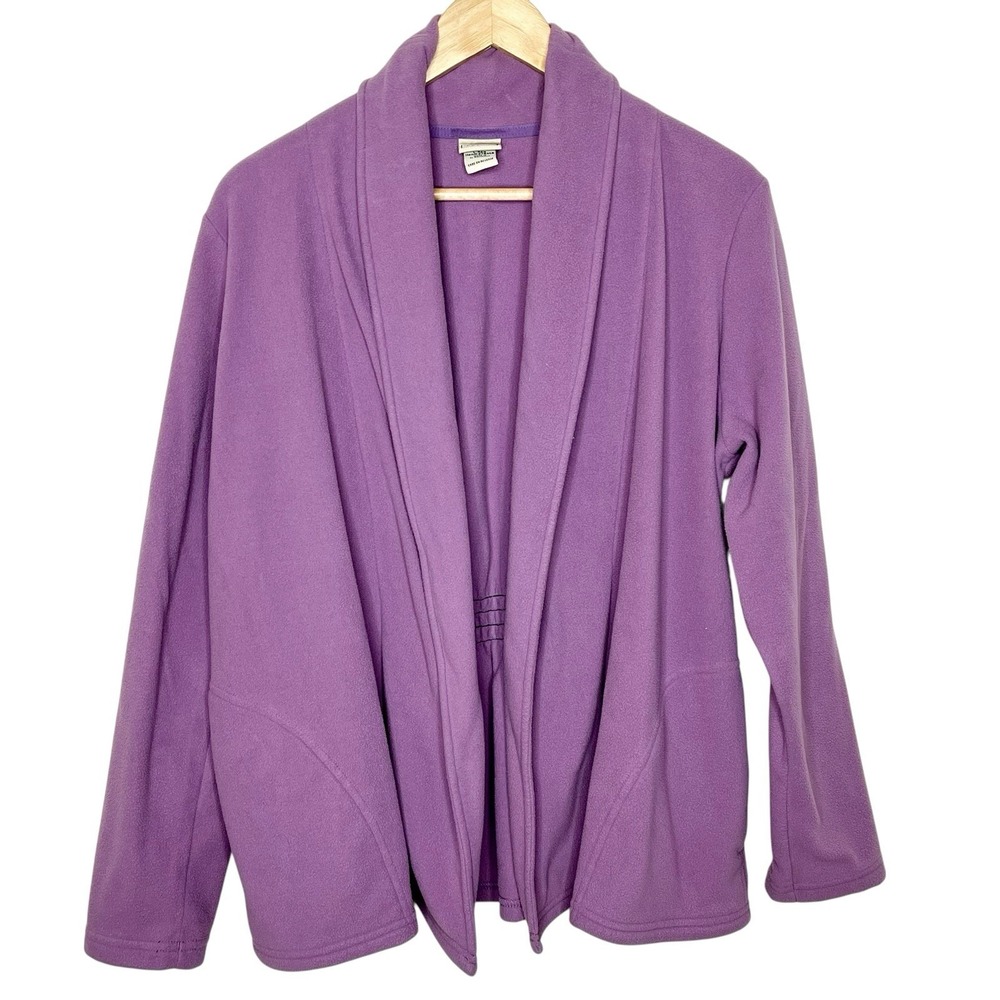 LL Bean Open Front Fleece Jacket Purple Womens Size L Outdoor Lounge Cardigan